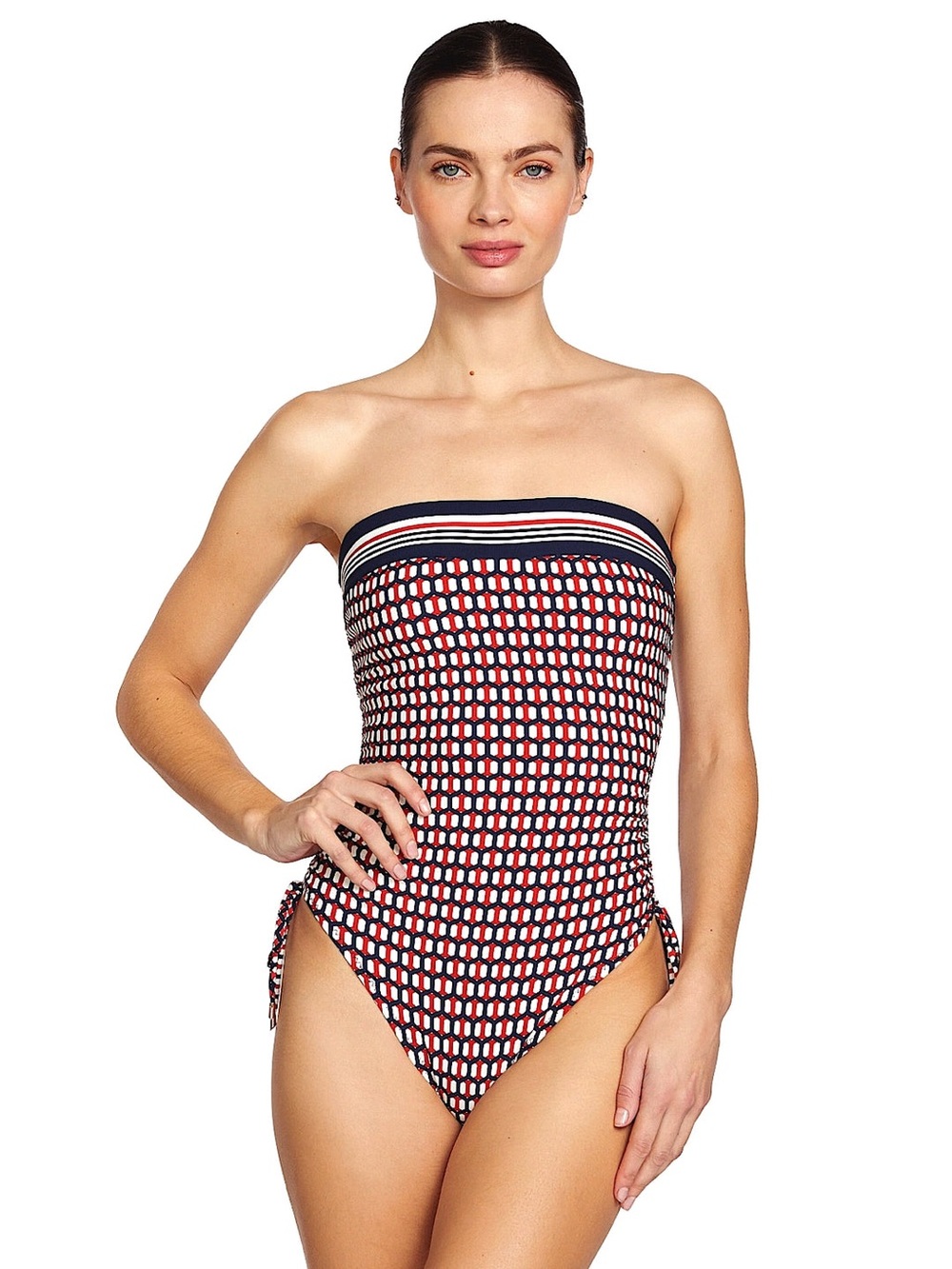 Robin Piccone Strapless One-Piece Swimsuit in Navy, Red & White - NWT